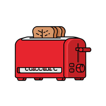 Illustration of a vibrant red kitchen toaster with toast slices.
