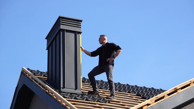 Working on the roof. A man on the roof with a level meter inspects the results of the work completed. A man on the roof with a level meter in his hands.