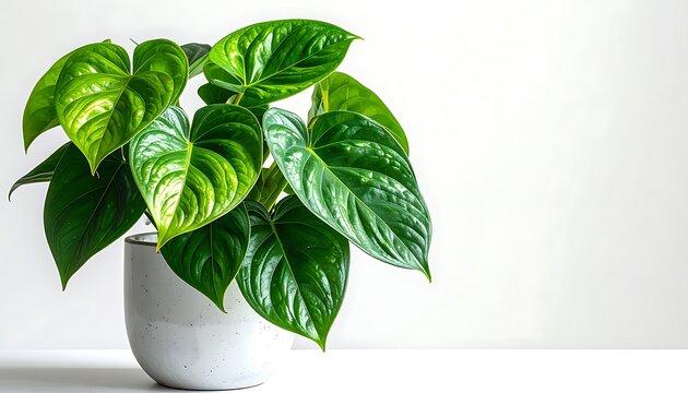 A vibrant heartleaf philodendron in a speckled white pot against a bright white background. Lush green foliage dominates