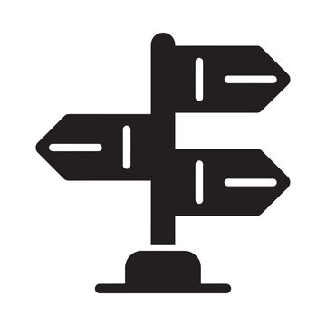 A simple black silhouette of a directional signpost with four arrows