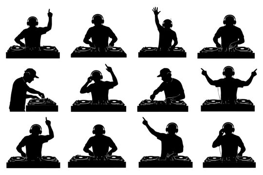 Silhouette djs mixing music on turntables.