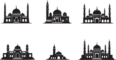 Mosques Silhouette Set Dome Minaret Middle Eastern Desert Village Grand Islamic Architecture Vector © Pham