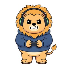 Obraz premium Cute Baby Lion Gamer wearing Pro Headset and holding Game Controller in Modern Hoodie, Flat Vector Mascot Isolated on White Background