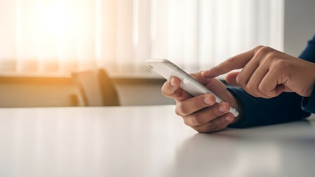 Person's hands are focused on scrolling or typing on a smartphone bathed in bright sunlight.