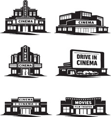 Obraz premium Cinema Buildings Silhouette Set Movie Theater Multiplex Drive In Film Theater Vector Illustration