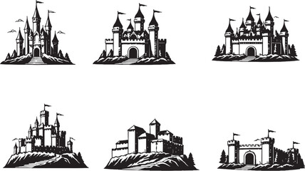 Obraz premium Castles and Fortresses Silhouette Set Medieval Royal Fortress Tower Walls Architecture Vector