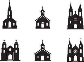 Fototapeta premium Church and chapel silhouettes set gothic cathedral rural church christian architecture black silhouette isolated on white