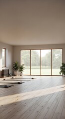 Fototapeta premium Bright yoga studio with large windows overlooking a green landscape, yoga mats laid out on a wooden floor, natural light streaming in, creating a serene and peaceful atmosphere for practice.