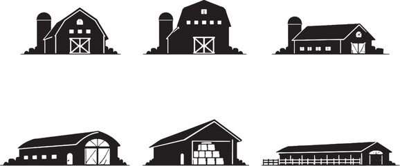 Naklejka premium Barn building silhouettes bundle, farm agriculture architecture icons set, countryside barns hay storage livestock buildings black silhouette collection