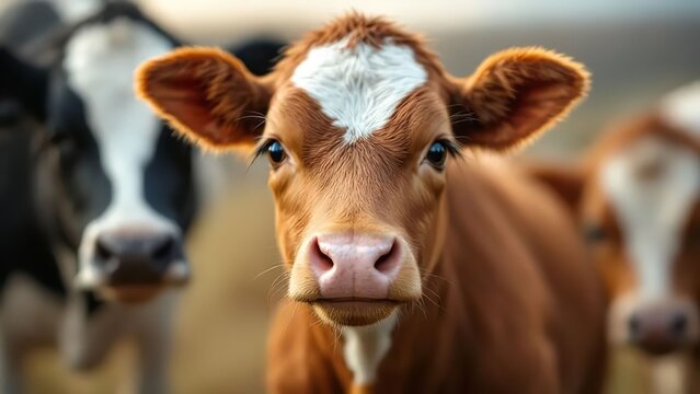 brown cow with white marking on forehead standing in field with herd