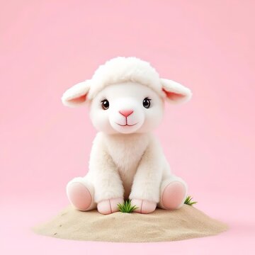 Cute white lamb stuffed animal sitting on sand with pink background