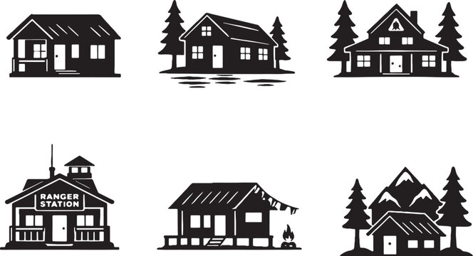 Camp cabin and lodge silhouettes set forest cabin mountain hut ranger station black silhouette isolated on white