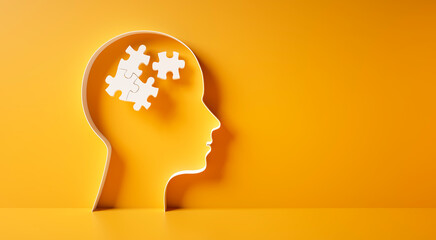 Conceptual artwork showing a 3D silhouette of a head with puzzle pieces, symbolizing mental activity, intelligence, or creativity - 3D illustration on yellow background © peterschreiber.media