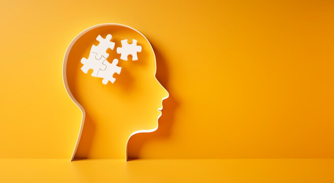 Conceptual artwork showing a 3D silhouette of a head with puzzle pieces, symbolizing mental activity, intelligence, or creativity - 3D illustration on yellow background