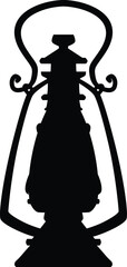 Naklejka premium Vintage magic lantern black silhouette vector icon, cartoon antique hanging holder with handle, medieval kerosene lamp