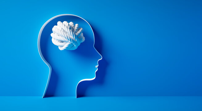 3D silhouette of a head with white tangled knot inside symbolizing mental complexity and confusion on blue background - 3d illustration