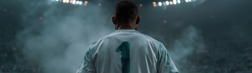 Obraz premium Soccer goalkeeper standing facing smoky stadium floodlights