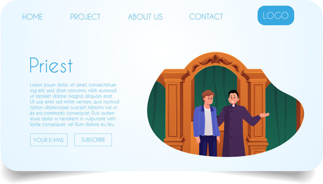Priest talking to parishioner in church or chapel landing page promotion vector flat design, Christian religious service