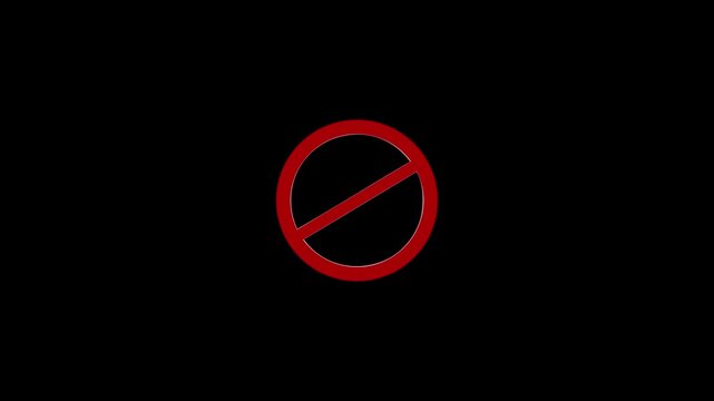 Neon Forbidden Sign Icon Animation, Glowing Red Prohibition Stop Symbol, Warning Error No Entry Icon on Black Background