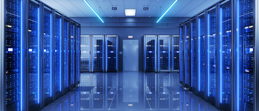 Server racks in server room data center - Cloud Computing, Artificial Intelligence, Database Concept - 3d illustration