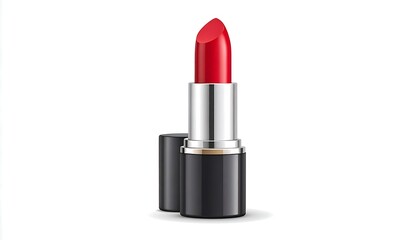 Obraz premium A vibrant, opened red lipstick sits on a white background with a detached black cap. The shiny metal barrel reflects light