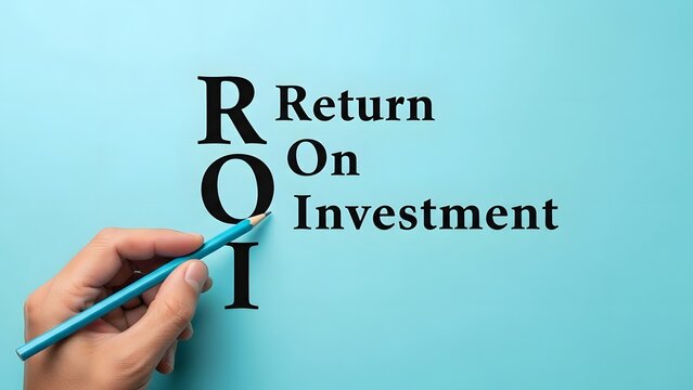 Hand highlights the acronym "roi return on investment" with a blue pencil.