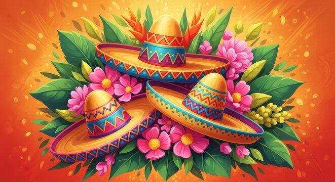 Vibrant sombreros with colorful flowers and leaves on orange background, festive mexican hats