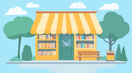 Obraz premium A cartoon depiction of a bookstore with an awning, benches, and bookshelves