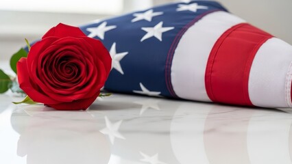 Fototapeta premium A single red rose rests beside a folded American flag on a reflective surface.