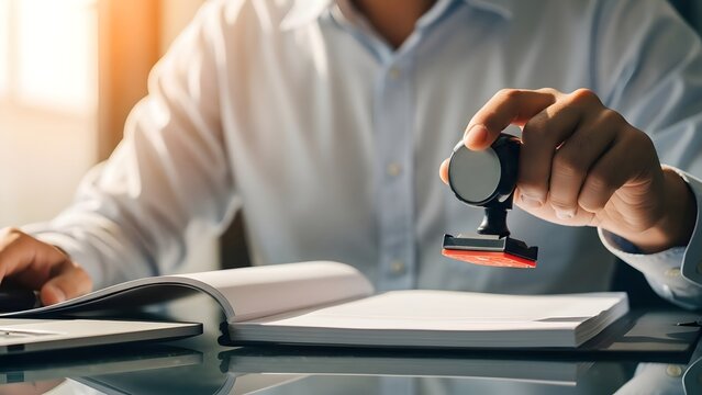 Business professional is holding a rubber stamp, preparing to mark an important document.