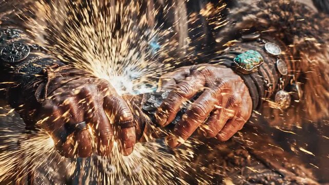Close up of powerful ancient hands gripping a mystical artifact with fiery sparks for a warrior spirit and magical energy concept in cinematic slow motion