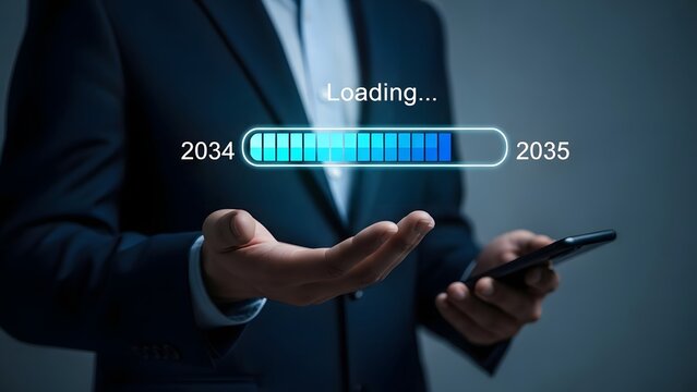 Businessman holds a smartphone displaying a "loading..." progress bar transitioning from 2034 to 2035.