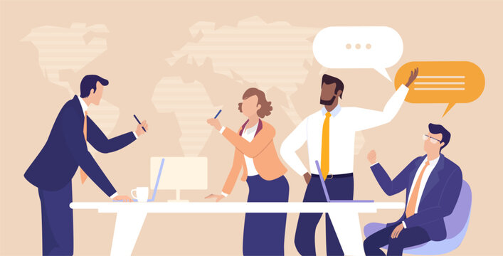  A group of business professionals engaged in conversation and information sharing during the meeting, representing communication, teamwork, collaboration, networking, and knowledge exchange
