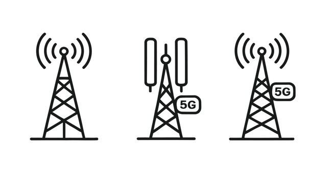 Cell tower vector icons with 5G technology and wireless signals