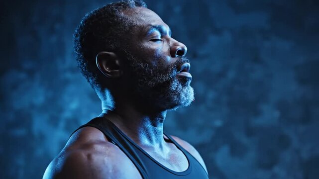 Muscular Man in Tank Top Posing in Blue Light.