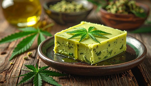 Cannabutter with marijuana leaves on rustic plate, cannabis infused butter concept, alternative cooking ingredient, herbal edible preparation with natural textures.