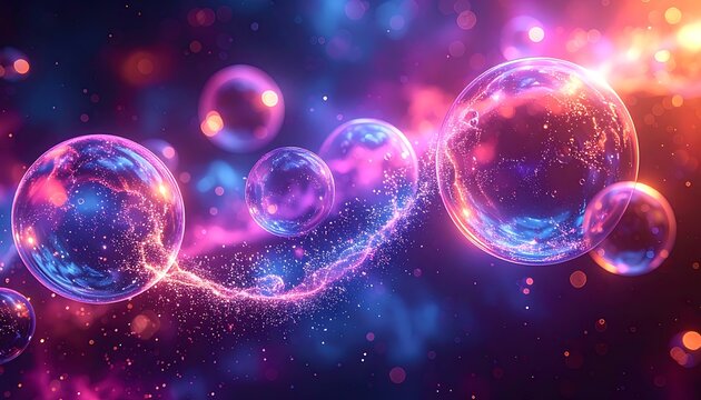 A vibrant, cosmic artwork featuring transparent spheres floating amidst a nebula-like expanse of colors, creating a sense of wonder