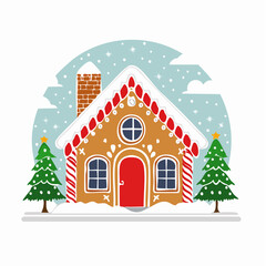 Fototapeta premium Gingerbread House with Christmas Trees and Snowfall