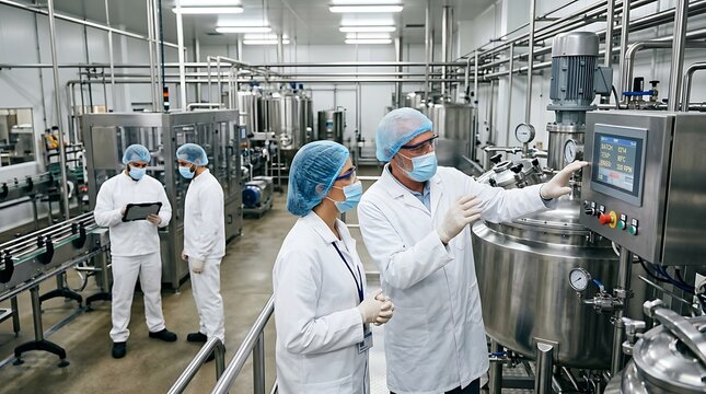 Food scientists working with control panel and mixing tanks in a factory scientist production industry manufacturing research