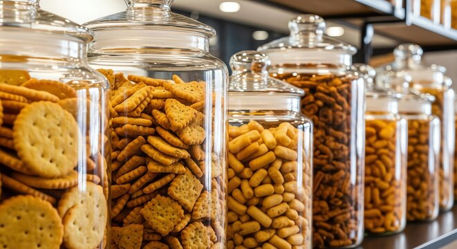 Assorted crunchy snacks and crackers inside clear glass storage jars arranged in a neat row on a wooden shelf in a store