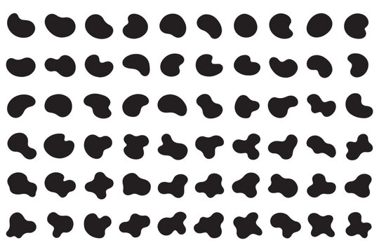 Organic black blobs of irregular shape. Abstract blotch, inkblot and pebble silhouettes, simple liquid amorphous elements. Organic blob shapes collection