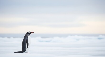 Obraz premium A single penguin stands on a vast, icy landscape under a soft, overcast sky, showcasing the serene beauty of Antarctica