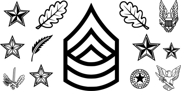 Army officer uniform insignia and military service symbol for authority command and soldier achievement featuring a simple black line art rank badge chevron pictogram &ndash; Black Vector Illustration