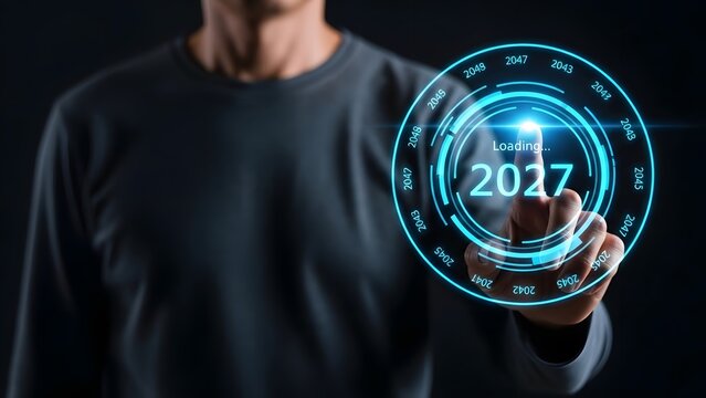 Man in a dark shirt interacting with a futuristic digital interface displaying the year 2035