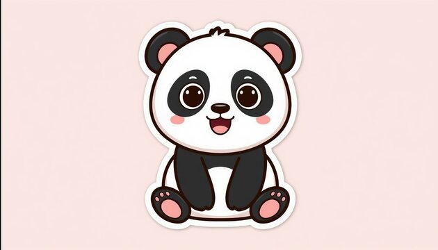 Cute panda cartoon character sticker, kawaii style bear illustration with big eyes, isolated on soft background