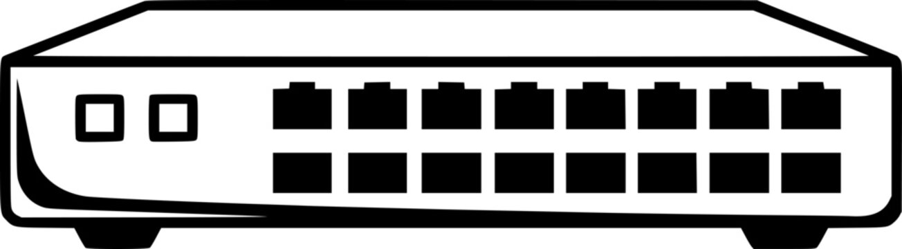 Technology and connectivity hardware symbol for data server hub and internet infrastructure networking featuring a simple black line art network switch pictogram &ndash; Black Vector Illustration