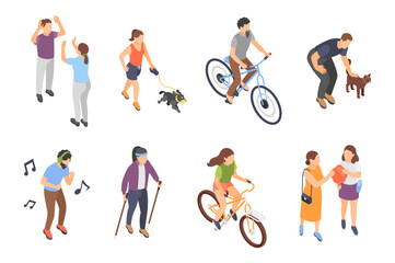 Obraz premium Isometric people characters. Isolated women and men different activities. Listen music and dancing, eating, walking, running with dog, cycling, vector set