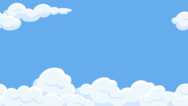 Clouds in blue sky seamless banner. White cloud flying background. Decorative cartoon elements, poster template with empty space, vector design