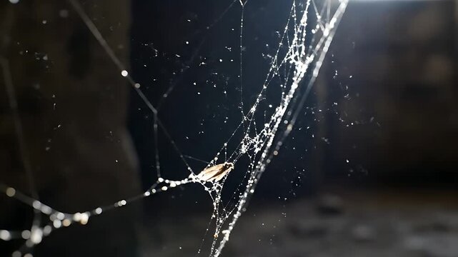 Close up of a spider web with a trapped insect against a dark backdrop