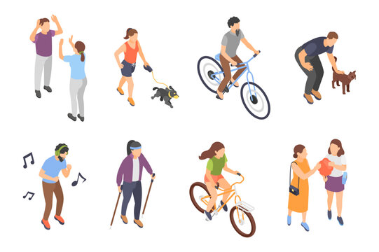 Isometric people characters. Isolated women and men different activities. Listen music and dancing, eating, walking, running with dog, cycling, vector set